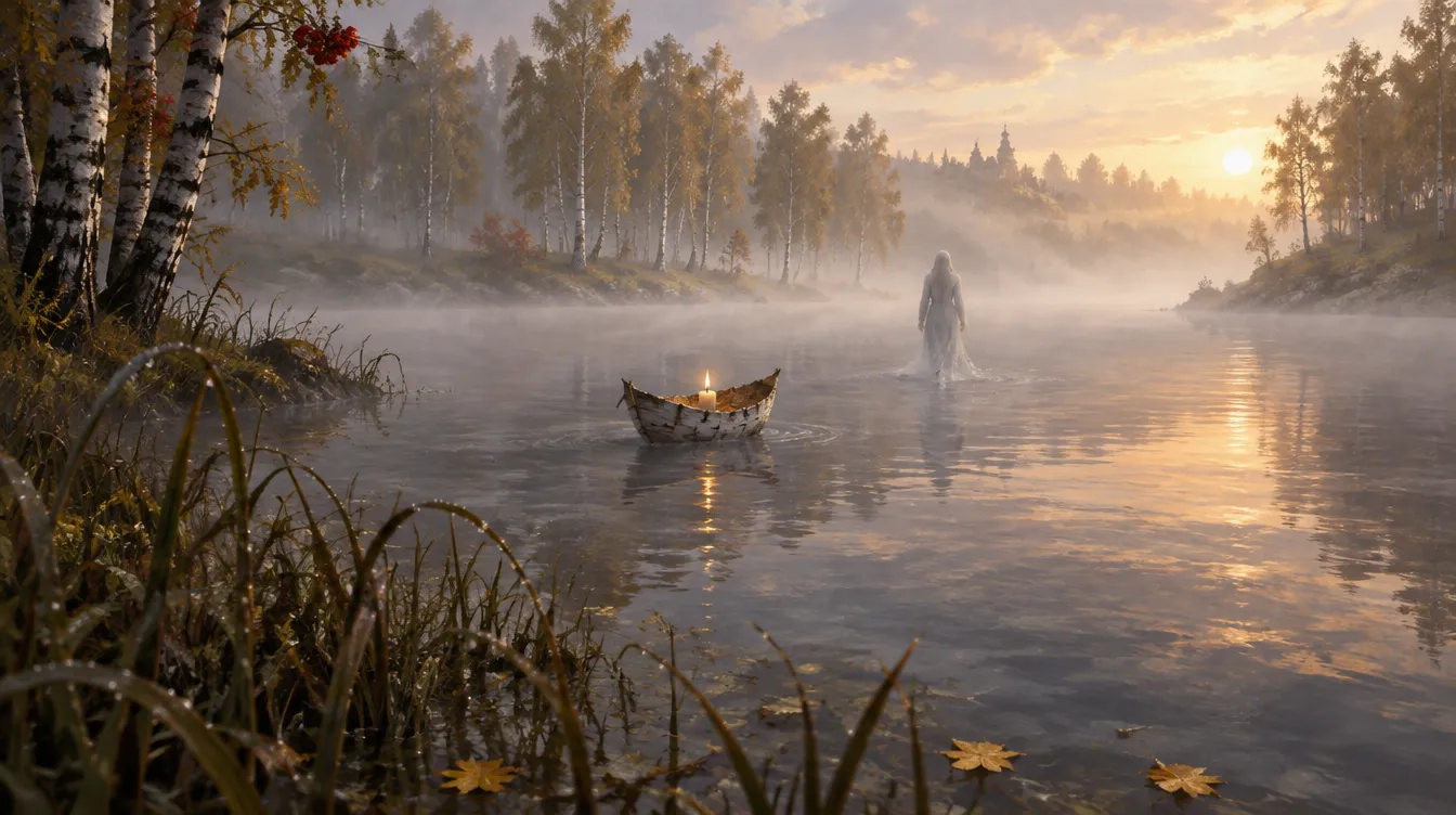 Sungai pagi berkabut. Perahu kulit birch berlilin hanyut ke seberang, sosok pucat berjalan menjauh di air.