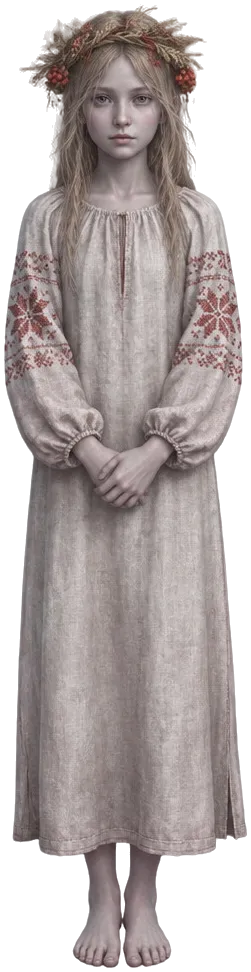 Arwah Lesya Marn. Anak perempuan bergaun linen bersulam merah, untaian gandum dan buah rowan di rambut, kedua tangan bertaut.