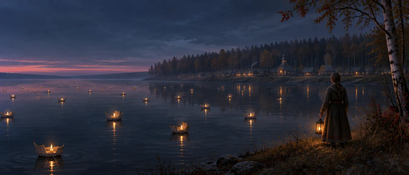 Sungai lebar saat senja biru, puluhan lilin kecil hanyut di atas perahu kulit birch. Seorang perempuan berlentera berdiri sendiri di tepi kanan.